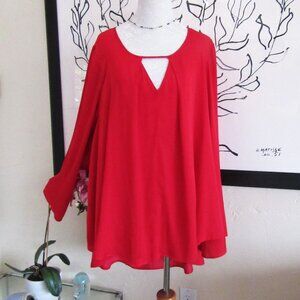 JENNIFER LOPEZ high low bright red satiny tunic shirt - 1X - long bell sleeves